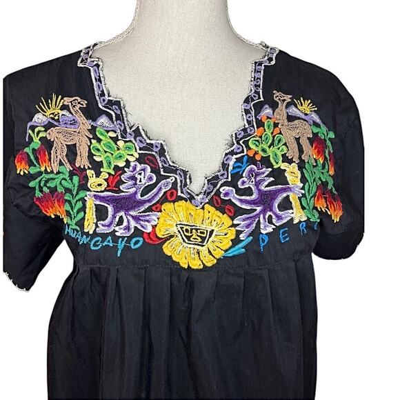 Vintage Hispanic maxi dress black Peru traditional embroidered cotton - Picture 3 of 6